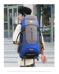 Outdoor hiking backpack featuring a 65+5L capacity and ergonomic breathable back system