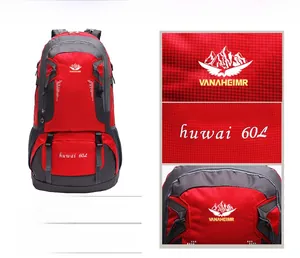 Detail of red 60L hiking backpack showing durable fabric and high-quality embroidery