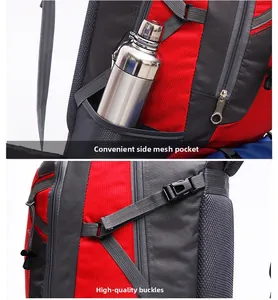 Detail view of red outdoor backpack featuring elastic side mesh pocket and durable buckle