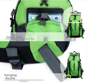 Detailed view of hiking backpack with a dedicated tablet pocket and ice axe loops