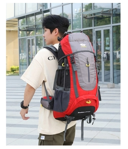 Outdoor ergonomic 65+5L hiking backpack with waterproof nylon and side compression straps