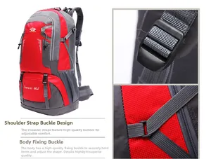 Detail view of 60L outdoor backpack with adjustable straps and side mesh pocket