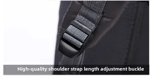 Detail of high-quality adjustable shoulder strap buckle on 60L hiking backpack
