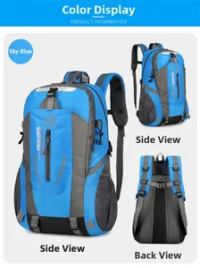 Detailed views of sky blue hiking backpack with breathable mesh back and padded straps