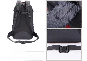 Detail view of gray hiking backpack featuring breathable mesh back and adjustable buckle