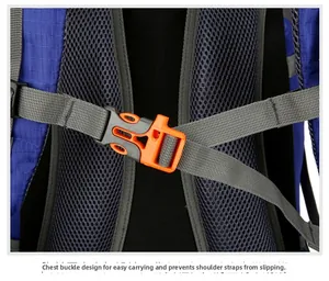 Close-up of chest buckle with grey webbing and breathable honeycomb mesh padding