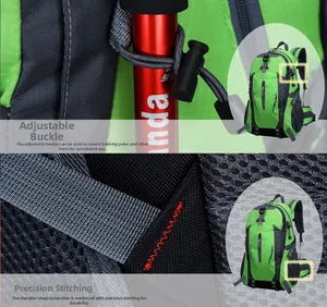 Detail of adjustable trekking pole buckles and reinforced red stitching on green hiking pack