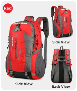 Detailed views of red hiking backpack showing side profile and breathable mesh back panel