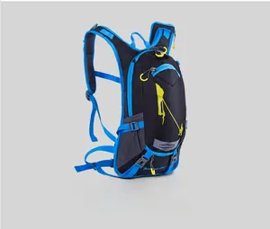 Detail view of water-resistant cycling backpack with blue straps and multiple zip compartments