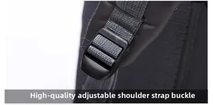 Detailed macro view of high-quality adjustable buckle on breathable padded backpack strap