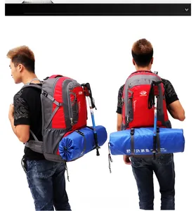 Detailed back and side view of 60L hiking backpack with camping mat and trekking pole