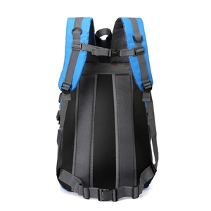 Blue waterproof hiking backpack with ergonomic breathable mesh back and adjustable straps