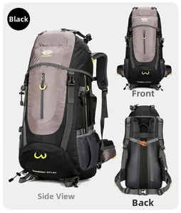 Detail of 65+5L hiking backpack featuring adjustable straps and orange chest buckle