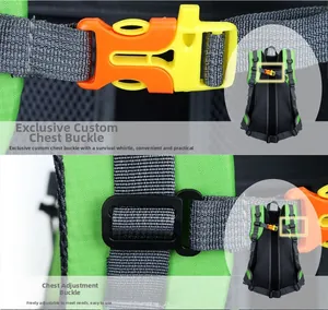 Detail of adjustable chest buckle with integrated emergency whistle on outdoor backpack