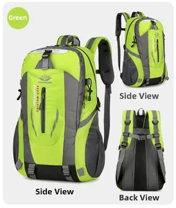 Detail view of water-resistant hiking backpack featuring breathable mesh back and side pockets