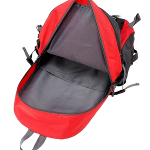 Waterproof outdoor hiking backpack with red nylon fabric and spacious inner compartment
