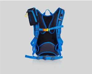 Detail view of breathable mesh back panel and orange buckle on blue cycling backpack
