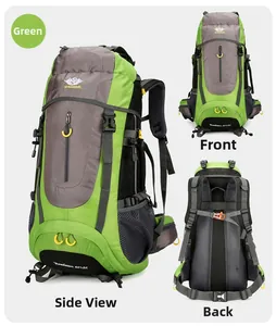 Three-view layout of 65+5L hiking backpack with ergonomic suspension system and green finish