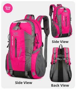 Detailed views showing rose red outdoor backpack with ergonomic straps and side mesh pockets