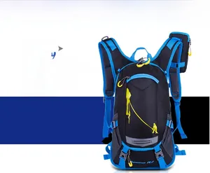Detail view of a 15L blue cycling backpack with adjustable straps and climber logo