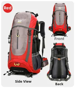 Detailed views of red 65+5L waterproof hiking backpack from front, side, and back angles