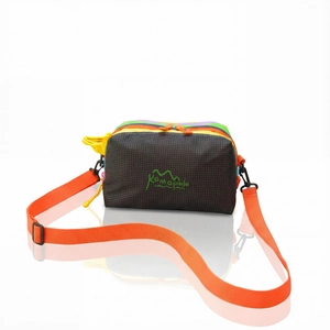 Waterproof outdoor crossbody bag with multi-color zippers and orange nylon strap