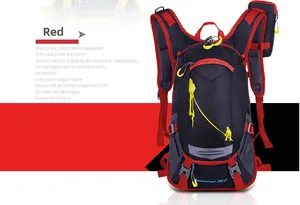 Detail of red and black 18L cycling backpack with breathable straps and side mesh pockets