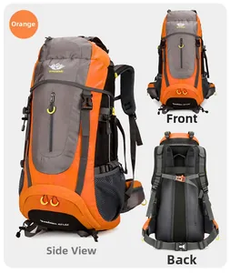 Detail view of 65+5L hiking backpack featuring breathable mesh straps and ergonomic support