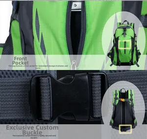 Detail of outdoor backpack featuring front zipper pocket and durable custom buckle closure
