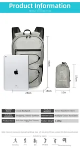 Detail view of foldable light grey backpack showing dimensions 24x44x14cm and 0.18kg weight