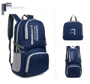 Detail view of foldable deep blue outdoor backpack with large capacity and side mesh pockets