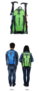 Hiking backpack back view showing S-shaped straps and height comparison on models