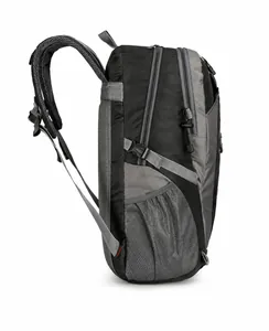 Side view of outdoor backpack showing breathable mesh straps and elastic mesh side pocket
