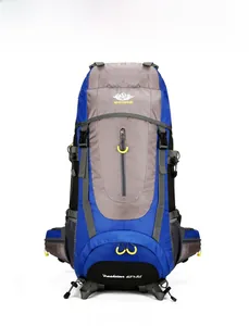 Detailed front view of 65+5L hiking backpack with buckle straps and mesh pockets