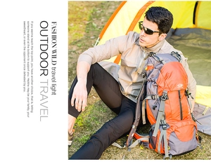 Outdoor hiking backpack in orange and grey showing straps and functional attachment points