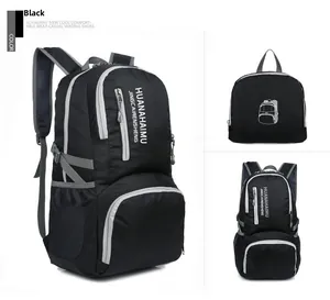 Macro view of lightweight black waterproof nylon backpack showing mesh side pockets and texture