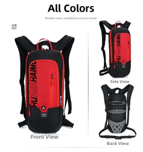 Drei-Seiten-Ansicht eines rot-schwarzen Trinkrucksacks mit ergonomischem Netzrückenteil