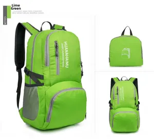 Fruit green folding backpack showing front view, side profile, and compact folded state