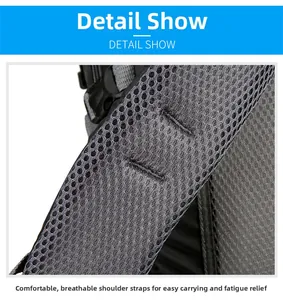 Detail view of breathable grey honeycomb mesh shoulder straps with adjustable black buckles