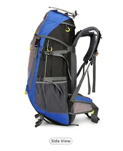 Side view of outdoor hiking backpack featuring mesh side pockets and adjustable straps