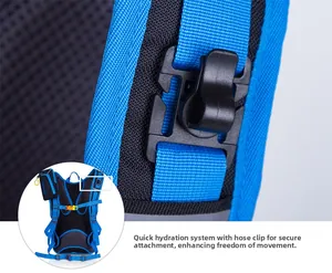 Detail of outdoor cycling backpack showing breathable mesh strap and hydration tube clip