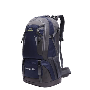 Outdoor 60L hiking backpack in blue and grey tear-resistant nylon with waist support