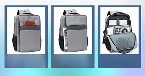 Detaillierte Innenansicht des grauen wasserdichten Rucksacks mit Laptop- und Tablet-Fächern