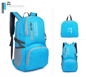 Detail showing the foldable design of the sky blue waterproof lightweight travel backpack
