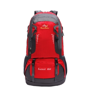 Large capacity 60L outdoor hiking backpack in red and dark grey for men travel