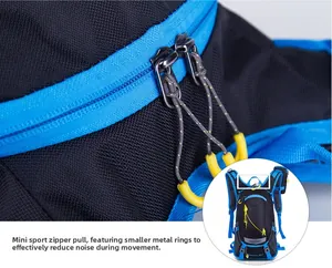 Detail of silent double zippers with yellow anti-slip pullers on a cycling backpack