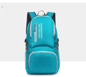 Front view of a blue lightweight foldable outdoor backpack with breathable mesh straps