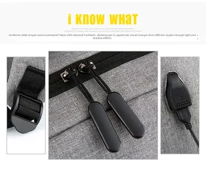 Detail view of 300D waterproof fabric, durable metal zippers, and built-in USB charging port