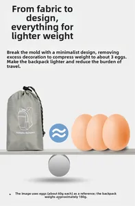 Foldable grey backpack weighing only 180g compared to three eggs for ultra lightweight