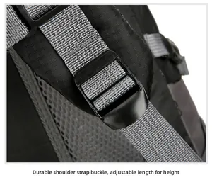 Detail of adjustable buckle and breathable mesh shoulder strap on black hiking backpack